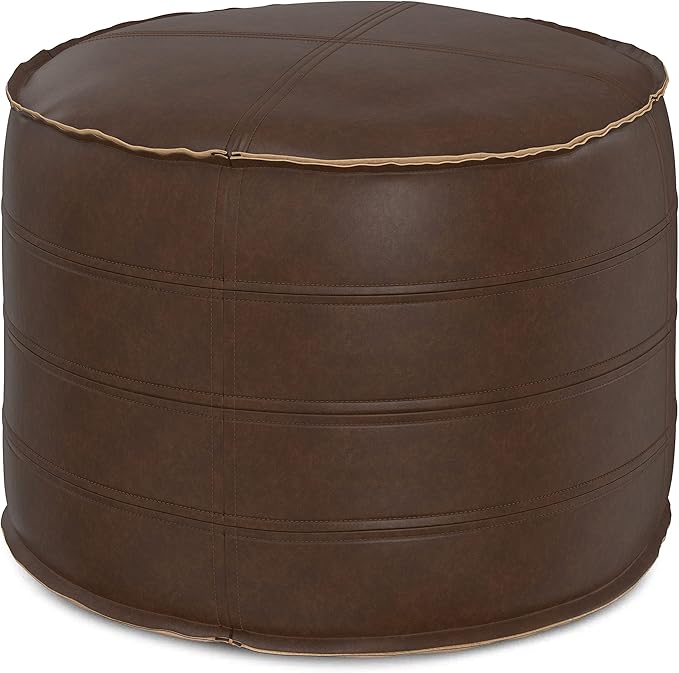 SIMPLIHOME Brody Round Pouf - 20 inch Wide Upholstered Vegan Leather Ottoman in Distressed Dark Brown, Boho Footstool or Extra Seating for Living Room or Bedroom with Polystyrene Filling, Assembled