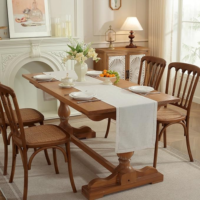 Light Natural Handmade Hemstitched Linen Blend Table Runner for Father's Day, Spring, Summer, Classic Hemstitch Style (14 x 72 Inch)