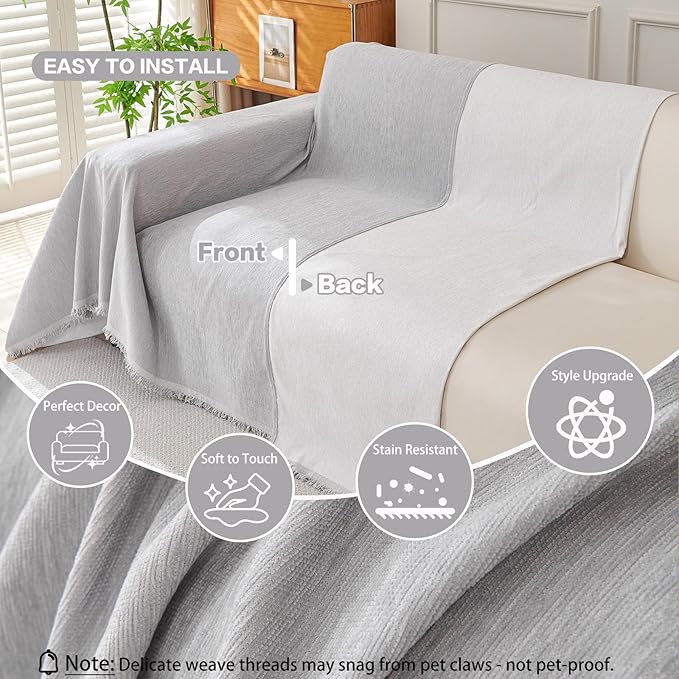 DREAMINGO Sofa Covers Washable Thick Chenille Couch Cover for 3 Cushion Couch Sofa Multi-Use Couch Cover Blanket Modern Pet Furniture Protector Sectional Couch Slipcover 71"x150", Light Grey