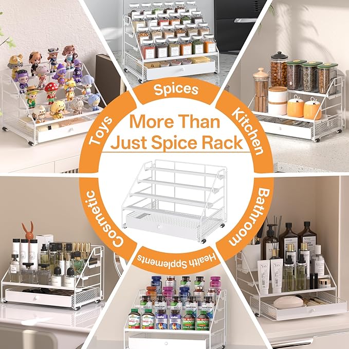 DTUQYX Spice Rack Organizer for Cabinet: 4 Tier Spice Organization with Drawer, Depth Adjustable Metal Shelf for Kitchen Countertop, Cupboard, Pantry, Holds Seasoning and Condiments (White)