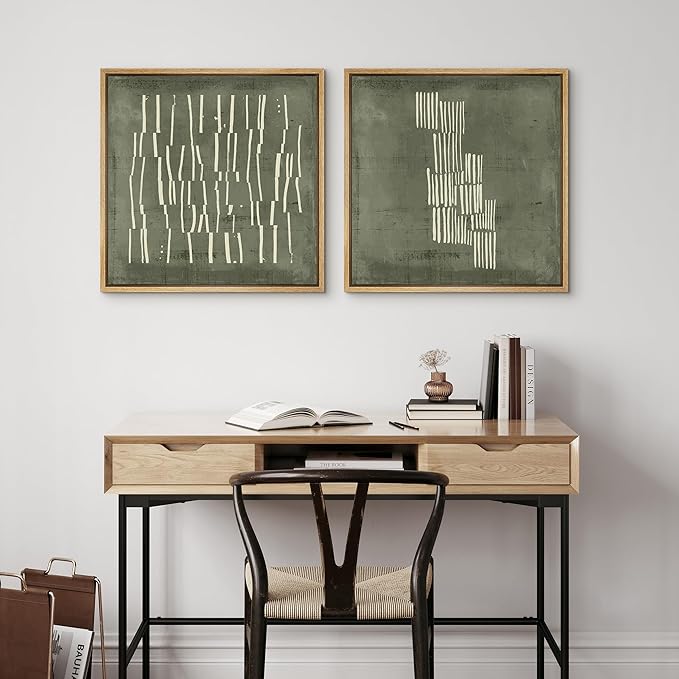 SIGNFORD Framed Canvas Print Wall Art Set Fragmented Lines in Green and White Illustrations Modern Art Minimal Relax/Calm for Living Room, Bedroom, Office - 24"x24"x2 Natural