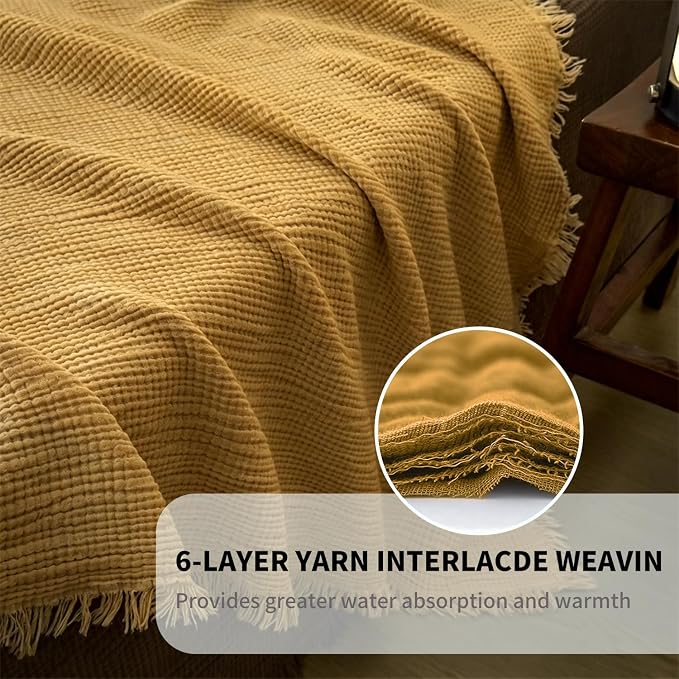 50x70 in Muslin Blanket for Adults, 6 Layer Gauze Blanket Throw | 100% Cotton muslin blanket Lightweight, Breathable & Soft, Twin 50"x70, All-Season Throw for Bed, Couch, or Travel