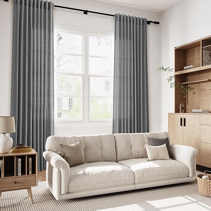 Nanspring Blazer Grey Curtain SheerLinen Blend Light Filtering Back Tab Curtains 102 Inches Long, Semi Sheer Privacy Drapes for Living Room & Bedroom, 52x102 inch, 2 Panels