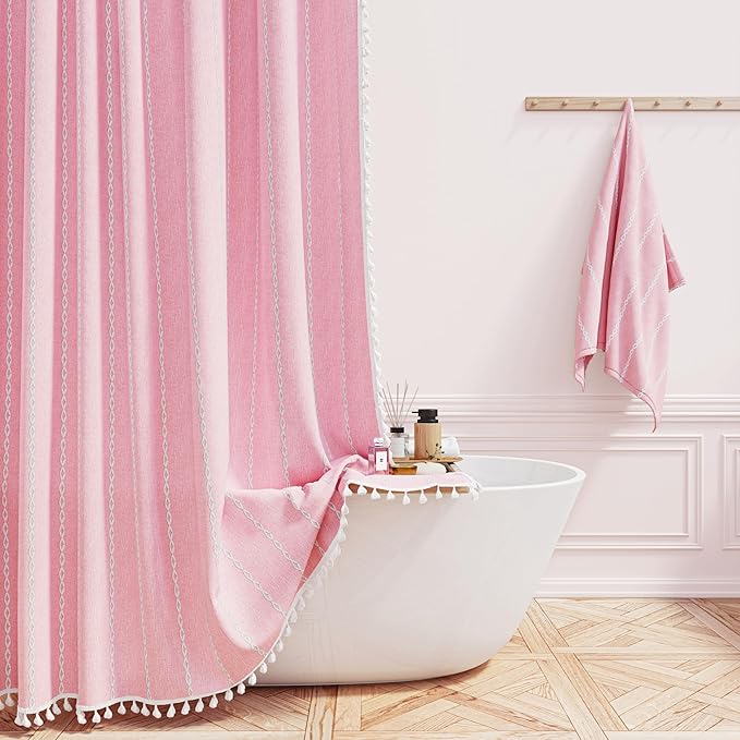 BTTN Pink Boho Shower Curtain, Linen Rustic Striped Fabric Shower Curtain Set with Tassel, Water Repellent, Bohemian Modern Farmhouse Cloth Shower Curtain for Bathroom with Hooks, 72"x72", Blush