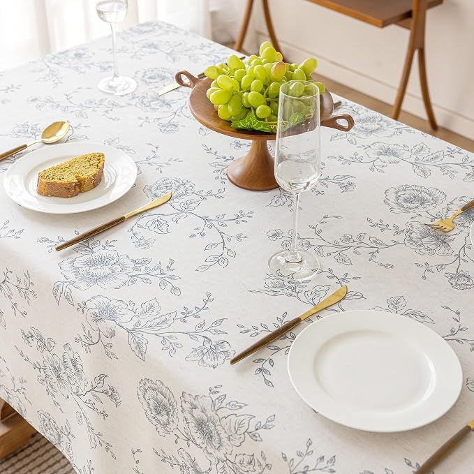 Meikelor Floral Linen Tablecloth 55 x 102 inch Wrinkle Resistant Vintage Farmhouse Tablecloth Black Pattern Printed on Cream Table Cloth Rectangle Cottage Burlap Fabric Table Cover Home Decor Holiday