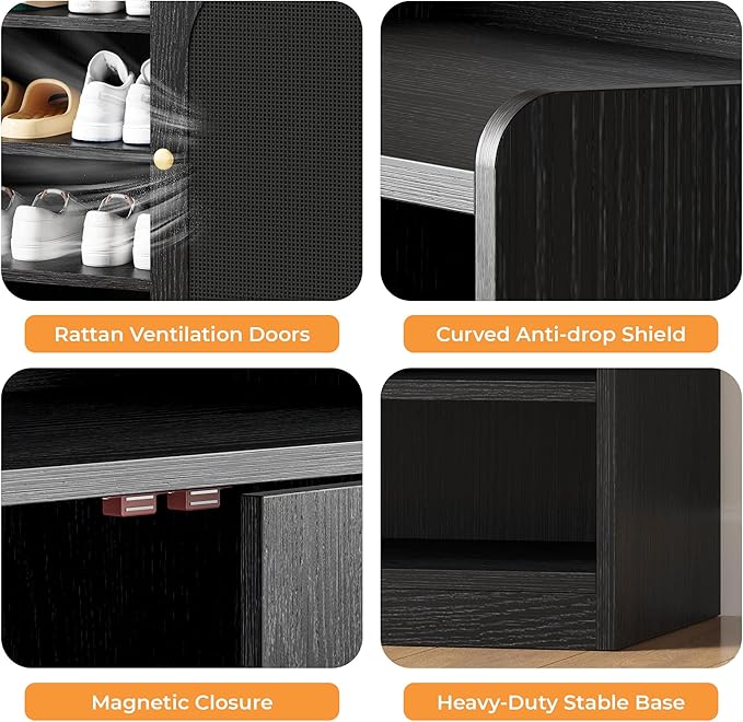 LIKIMIO Rattan Shoe Storage Cabinet with LED Light, 24 Pairs 6-Tier Shoe Cabinet Storage for Entryway with Adjustable Shelves, Farmhouse Shoe Rack Organizer for Hallway, Living Room, Black