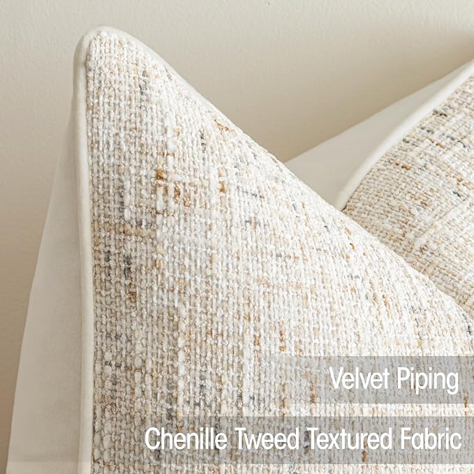 a moment Beige Reversible Pillow Covers 2 Pack - Farmhouse Chenille Velvet Throw Pillows, Neutral Textured Decorative Throw Pillow Covers with Border for Couch Sofa Bed (24x24 Inch, No Insert)