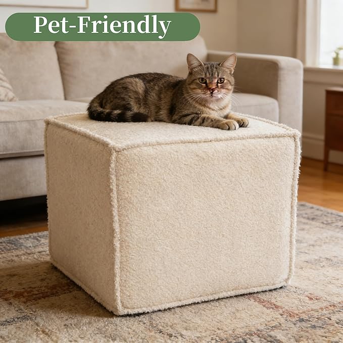 Square Ottoman Foot Rest,Small Pouf for Couch,Coffee Table - Boucle Upholstered Foot Stools Applicable to Living Room & Bedroom & Dorm - Compressed Poufs,Beige