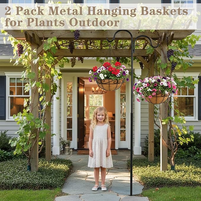 EIMQUVW 2 Pack Outdoor Patio Hanging Baskets 12 Inch Chain Link Round Metal Hanging Planters with Coco Liner Wire Flower Pots Suitable for Balconies Porches Gardens and Windowsills