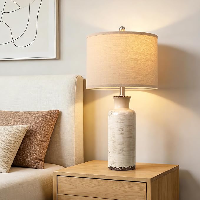 QiMH 25" Modern Lamps for Living Room, Unique Flowing Glazes Ceramic Table Lamp Set of 2 with Linen Lampshade, Beige Rustic Farmhouse Beside Lamps for Bedroom Nightstand Home Decor(Bulb Included)
