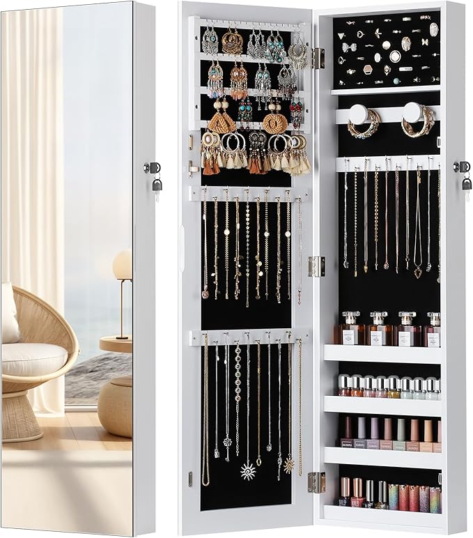 Nicetree Mirror Jewelry Cabinet, Jewelry Armoire with Full Length Mirror,Mirror with Jewelry Storage Wall/Door Mounted, Lockable Jewelry Armoire Organizer,White