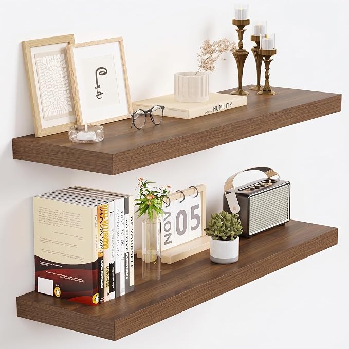 Vivelove Walnut Floating Shelves for wall, 24 Inch Wall Display Shelves with Invisible Brackets, for Bathroom Living Room Kitchen Bedroom Office Farmhouse Home Decor, 24X9.3X1.5 - Set of 2, Walnut