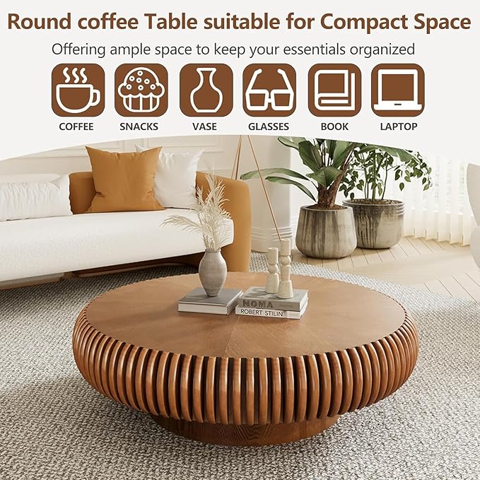 Round Coffee Table for Living Room, Modern Drum Center Table, Fluted Side Table with Sturdy Base Circle Tea Table for Bedroom, Office, Apartment (Brown 31.5”)