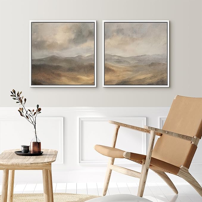 SIGNFORD Framed Canvas Print Wall Art Set Neutral Toned Mountain Landscape Abstract Earthy Illustrations Modern Art Minimal Relax/Calm for Living Room, Bedroom, Office - 24"x24"x2 White