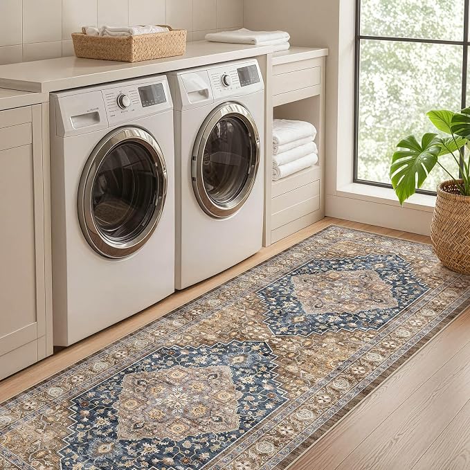 Runner Rug Kitchen Washable Rugs: 3x8 Non-Slip Boho Vintage Stain Resistant Indoor Neutral Farmhouse Throw Carpet for Hallway Bathroom Laundry Room Entryway Bedroom- Yellow Blue