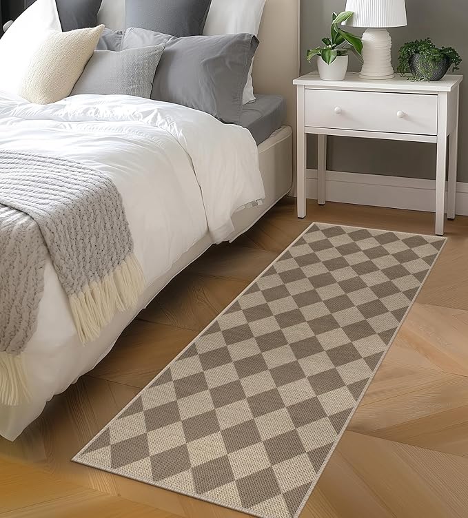 Rugalia Easy Jute Checkered Runner Rug, 2x6 Brown Modern Washable Rugs Runner for Hallway Non-Slip Long Kitchen Rug, Geometric Diamond Indoor Outdoor Carpet for Porch Laundry Entryway