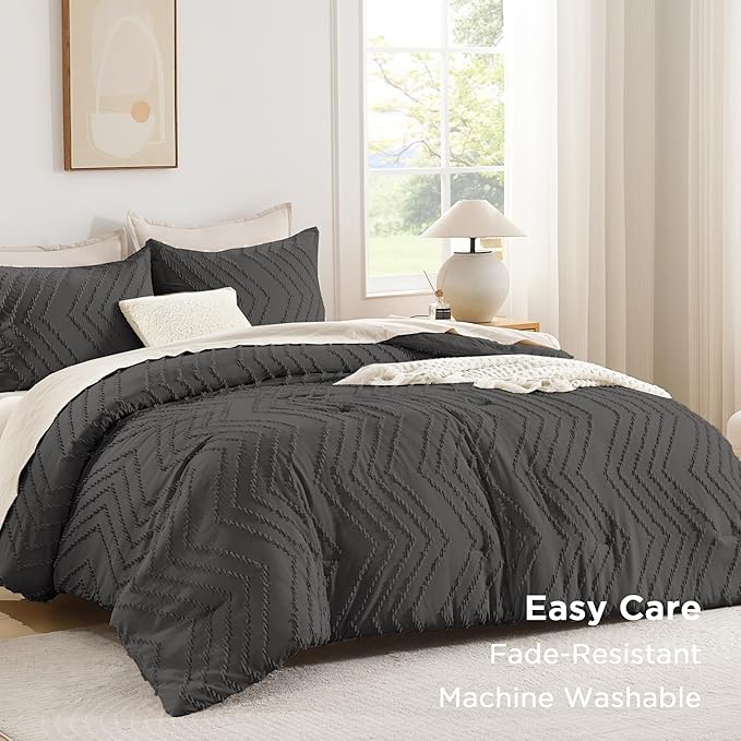 Andency Dark Grey Oversized Super King Plus Comforter Set 128x120, Extra Large King Size Comforter Oversize Boho Soft Warm Bedding Comforter Sets, 3 Pieces Aesthetic Chevron Textured Bedding