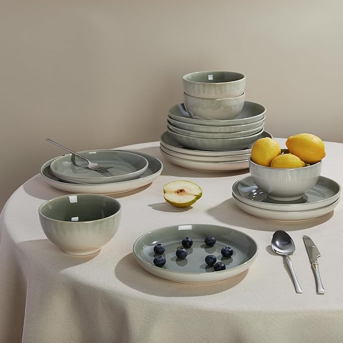 Pokini 24 Piece Double Bowl Dinnerware Sets with Pasta Bowls, Highly Chip and Crack Resistant Plates and Bowls Sets, Natural Earthyware Ceramic Dishware Sets, Service for 6 Gradient Green