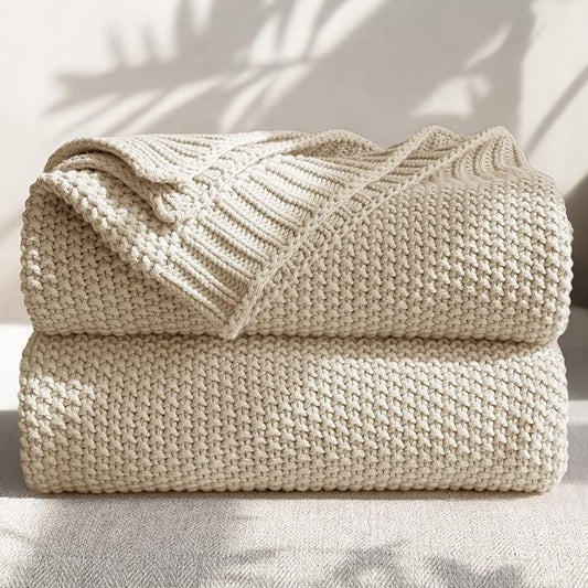 100% Cotton Cable Knit Throw Blanket, Large Lightweight Soft Knit Blanket for Sofa Couch Bed, Breathable All-Season Throw, Cozy Decorative Blanket, 60 x 80 Inch,Linen