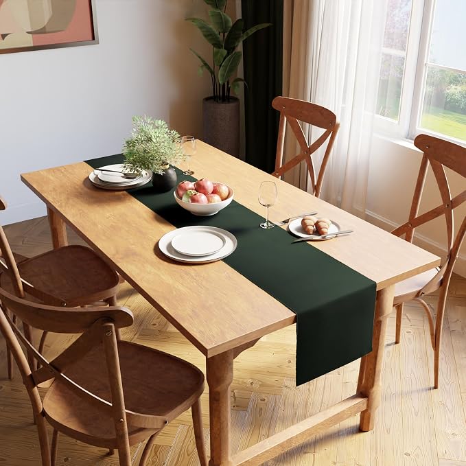 Encasa XO Dining Table Runner 13"x59" | Yarn Dyed Fine Ribbed Cotton | Dark Green | Machine Washable