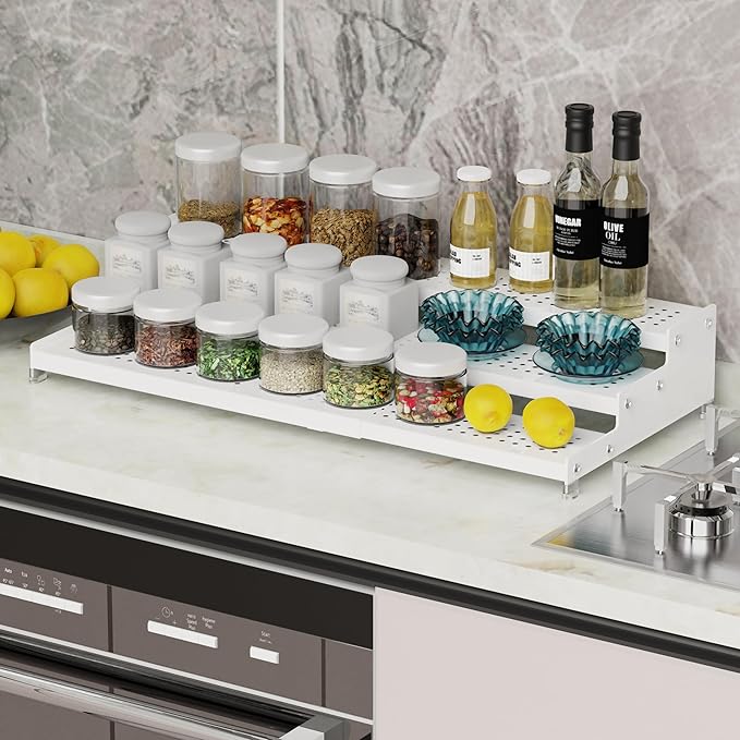 Expandable Spice Rack organizer with 3-Tier step shelf,Modern Design heavy duty,Non Skid and Visibility ,Great for Kitchen Cabinet,Bathroom,dressing table,Cupboard, Pantry and more(2PACKS/WHITE)