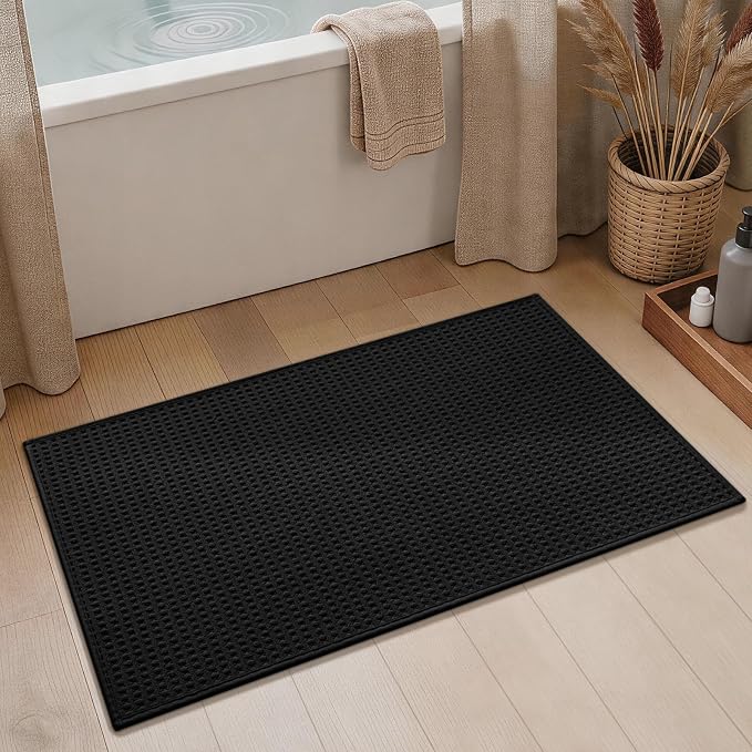 YIHOUSE Waffle Bath Mat, Ultra Soft & Absorbent Bathroom Rug, Non-Slip Rubber Backed, Quick Dry Shower Mat, Boho Farmhouse Bathroom Decor, Machine Washable, Black, 17 * 30