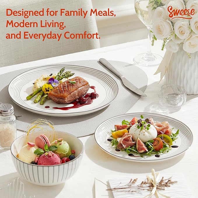 Sweese Lightweight Dinnerware Sets, Plates and Bowls Set for 6, 18 Pieces Stripe Dishes - Chip and Scratch Resistant, Microwave and Dishwasher Safe Porcelain Dinner Sets, Gray