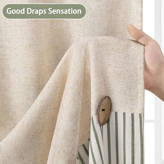 Farmhouse Shower Curtain Linen Button Woven Fabric Country Rustic Western, Pleated Green Stripe 72" W x 96" L
