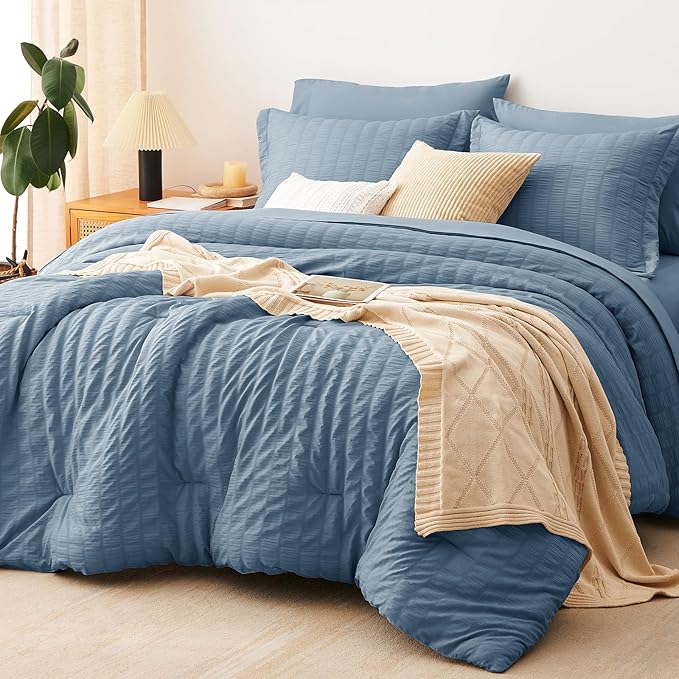 CozyLux Twin Comforter Set with Sheets 5 Pieces, Grayish Blue Seersucker Textured Bed in a Bag, Dusty Blue Luxury Soft Bedding Set with Down Alternative Comforter, Sheets, Pillowcase & Sham All Season