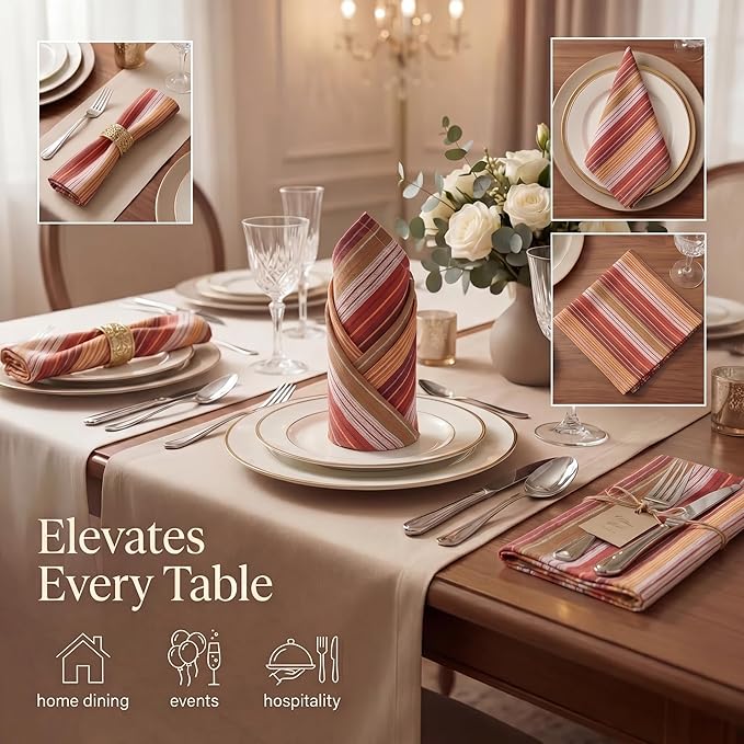 Urban Villa Cloth Napkins 100% Cotton Highly Absorbent Washable Reusable Premium Dinner Napkins Ideal for Gifts for Mothers Day Hotel Farmhouse - Harvest Multi Dobby Stripes (20" x 20", Set of 12)
