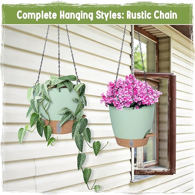 Self-Watering Hanging Planters with Water Level Window, 8/10 Inch Indoor Outdoor Hanging Plant Pots Includes Chain Hangers with Drainage Holes & Detachable Reservoir (Green, 8+10 inch)