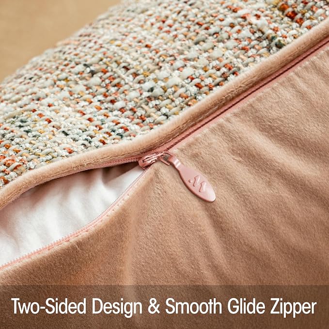 a moment Light Pink Reversible Pillow Covers 2 Pack - Farmhouse Chenille Velvet Throw Pillows, Neutral Textured Decorative Throw Pillow Covers with Border for Couch Sofa Bed (18x18 Inch, No Insert)