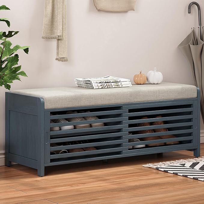 Ball & Cast Entryway Storage Bench with Shutter Doors, 43.3" Wooden Shoes Organizer, Modern Movable Upholstered Seat Entryway Shoe Rack Cabinet for Hallway Living Room, Navy Blue
