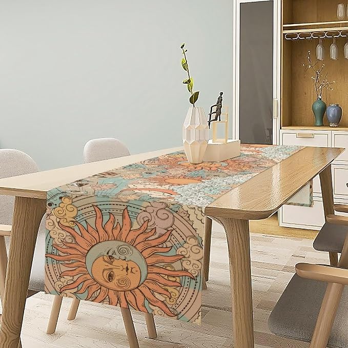 Bohemian Moon Sun Table Runner, Retro Boho Funny Sun Moon Clouds Design Table Runner for Kitchen Dining Party Decor, 13x120 Inch