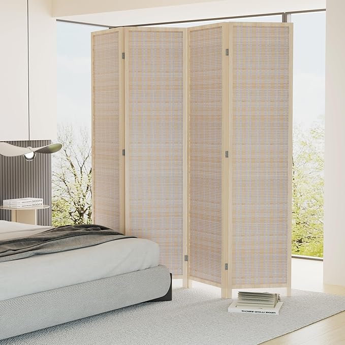 Room Dividers and Folding Privacy Screens, 4 Panel 72 Inch Tall Fold Up Portable Room Partition Divider, Handwork Bamboo Mesh Woven Design Wall Divider Freestanding for Bedroom, Livingroom(Natural)