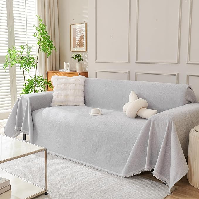 DREAMINGO Sofa Covers Washable Thick Chenille Couch Cover for 3 Cushion Couch Sofa Multi-Use Couch Cover Blanket Modern Pet Furniture Protector Sectional Couch Slipcover 91"x150", Light Grey