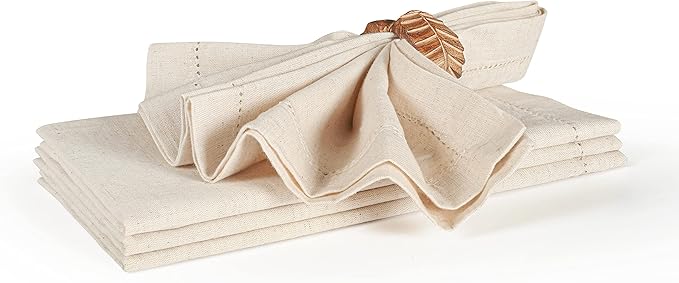 Flax Hemstitched Cloth Dinner Napkin Set of 4 Natural 20x20 Inches, Decorative Premium Cotton Linen Dinning Table Napkins Ideal for Mother's Day, Cocktail Party | Kitchen Napkin for Home Décor
