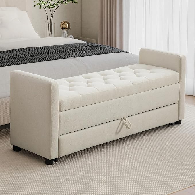 Chifee & Vingol 58.27" W Ottoman Bench with Double Storage Space, Upholstered End of Bed Storage Bench Entryway Shoe Benches,Beige