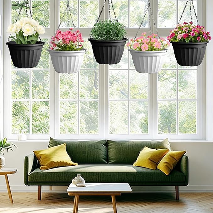 FGstyle 6 Pack Hanging Planters 10 Inch(Black & White),Self Watering Pots for Indoor Plants,Plastic Hanging Basket with Soil Elevator and 20" Chain for Home Garden Porch Balcony Patio Decor