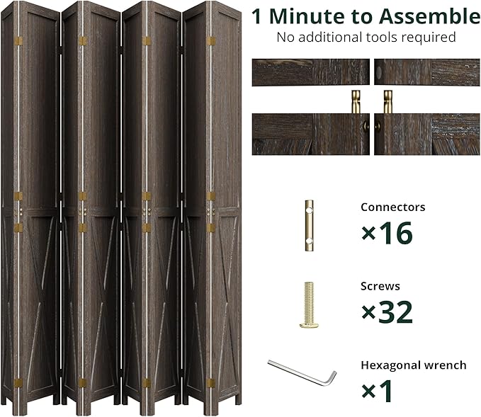 Cozy Castle 8 Panel Folding Room Divider, Solid Wood Privacy Screen, Freestanding Partition Wall, Temporary Wall for Home/Office/Bedroom/Restaurant, Rustic Brown