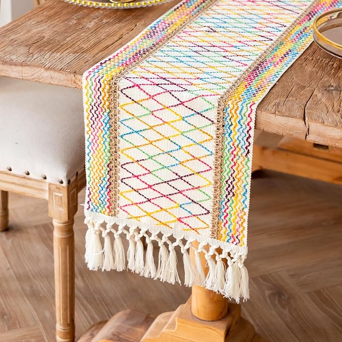 EMMTEEY Macrame Table Runner Boho Style - Scratch & Heat Resistant, Hexagonal Grid Cotton Linen Table Runner with Tassels for Home Decor/Bedroom (12"X108", Colorful)
