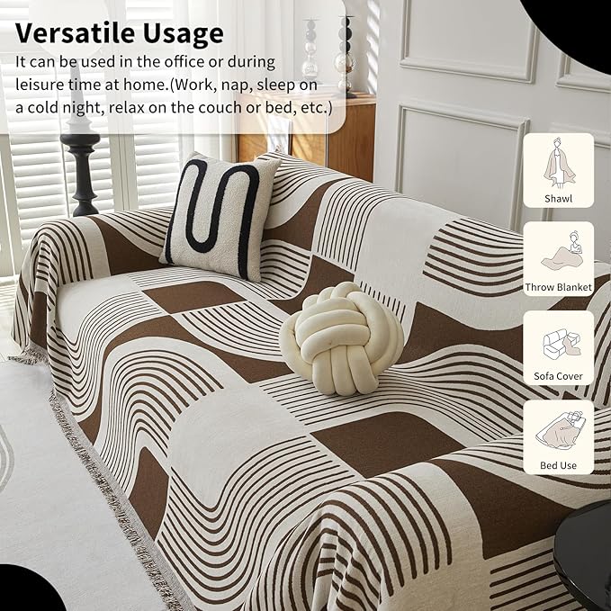 WEYOND Boho Couch Cover Sofa Covers Washable, Chenille Couch Covers for 3 Cushion Couch Sofa Pet Friendly, Bohemian Sofa Slipcovers for Sectional Sofa, Loveseat, 2 3 4 Seater (91" x 134", Coffee)