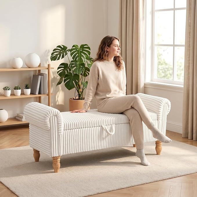 51.5" Storage Ottoman Bench, Upholstered Corduroy Storage Benches for Bedroom, End of Bed Storage Bench for Living Room & Entryway, Window Benches for Foot of Bed, White