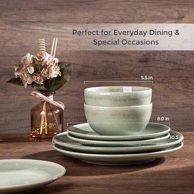 AmorArc Ceramic Dinnerware Sets for 8, 24 Pieces Handpainted Plates and Bowls Set, Scratch Resistant Stoneware Dishes Set, Dishwasher & Microwave Safe, Olive Green