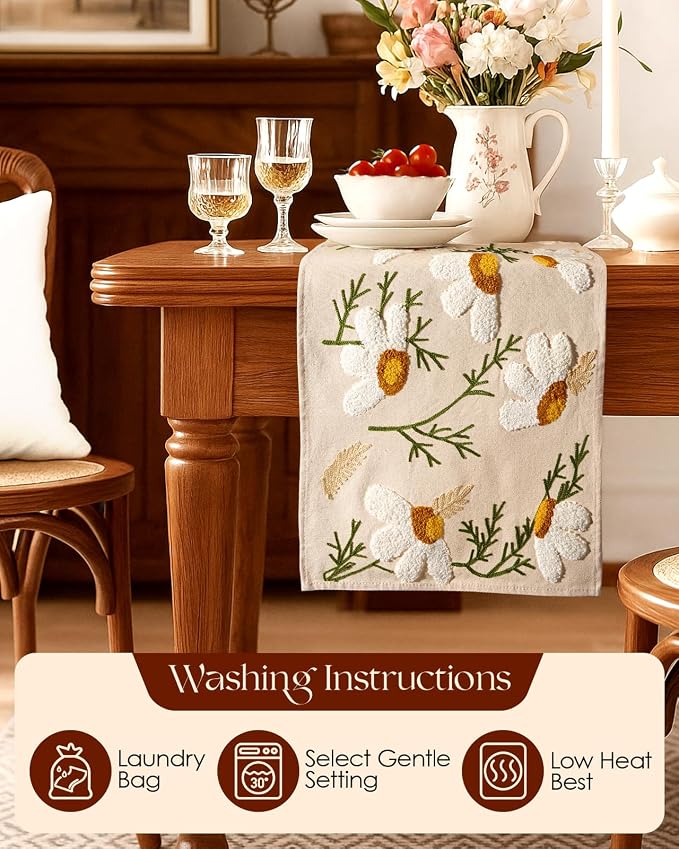Canvas Embroidered Table Runner - 13"x 108" Coffee Table Runner for Living Room Boho Tablerunner for Dining Room Washable Neutral Kitchen Island Counter Decor Housewarming Gift, Beige Daisy
