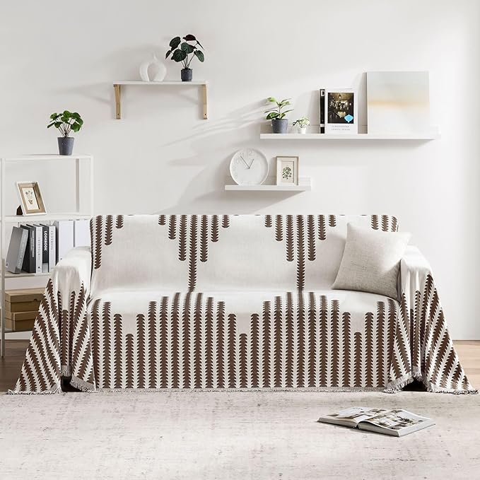 Couch Cover Boho for Dogs Washable Mocha Couch Covers for 2 Cushion Couch, Chenille Sectional Couch Covers L Shape Sofa Cover, Furniture Protector for Kids, Pets, Mocha 71" X134"