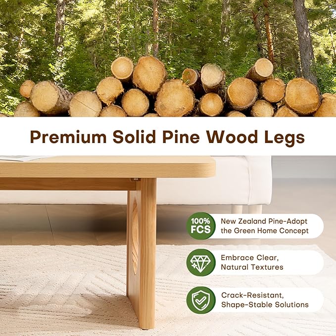 BECHAEO Modern Coffee Table, Solid Pine Wood, 47" Rectangle Center Table for Living Room, Real Wood Legs & Sturdy Base, Minimalist Rustic Coffee Table