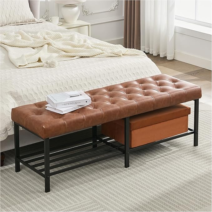 SOFTHION 55.5" End of Bed Bench, Modern Leather Button Tufted Bedroom Bench, Upholstered Storage Shoe Bench with Metal Base, Dinning Table Bench for Living Room, Bedroom, Entryway,Brown