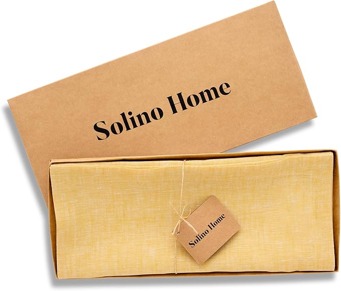 Solino Home Linen Small Table Runner 60 Inches - Athena, 100% Pure Linen Chambray Mustard Yellow Table Runner 14 x 60 Inch Ideal for Dresser and Coffee Tables, Summer