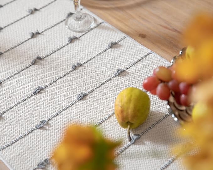 Caflife Boho Table Runner 72 Inchs Long for Modern Farmhouse Room Home Decor, Grey and Beige Coffee Table Runner, Natural Cotton Woven with Tassels Neutral, for Kitchen Dining Table Decor